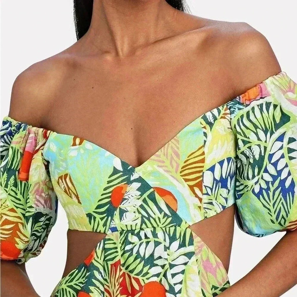 STAUD Coliseum Off-The-Shoulder Linen Tropical Print Dress Size 8 - Picture 4 of 16